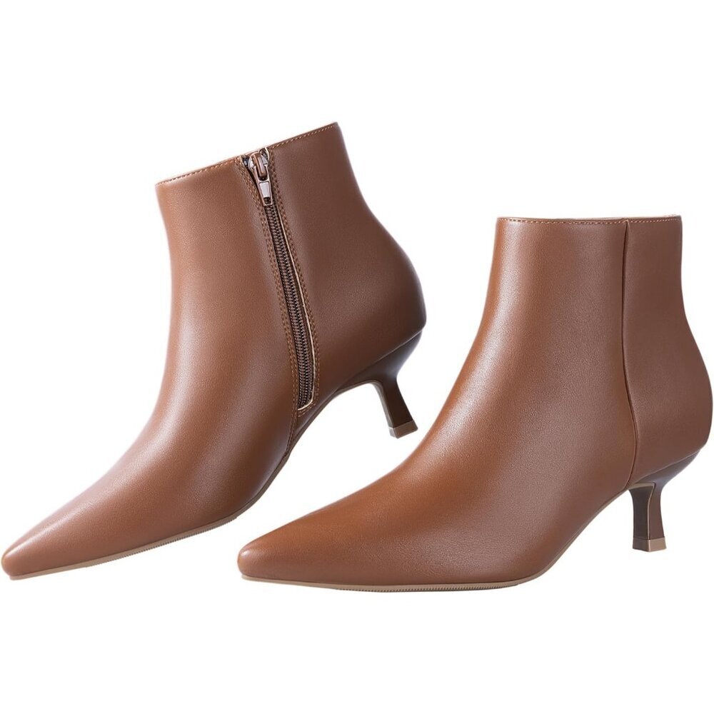 Women's Brown Kitten Heel Ankle Winter Dress Shoes Pointed Toe Side Zipper Boots